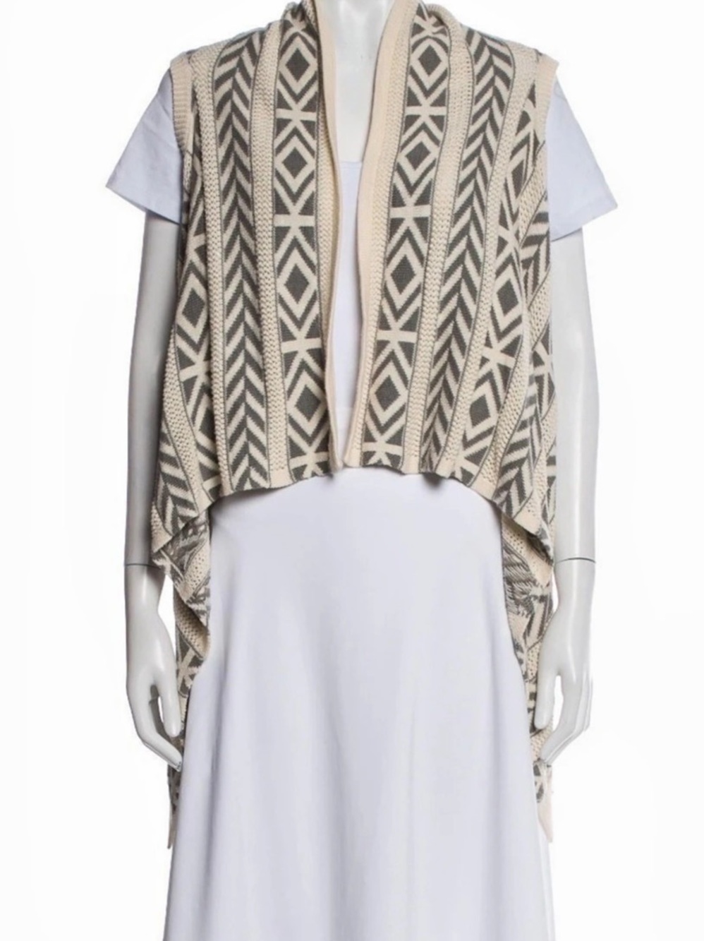Woolrich Ponsford Long Open Knit Sweater Vest Aztec Geometric Size S/P boho luxe